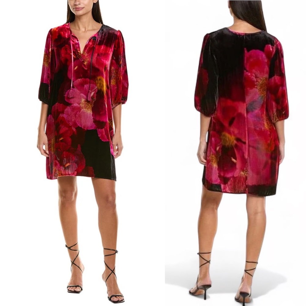 Johnny Was Vesna Velvet Silk Blend Shift Floral Dress Sz XS
